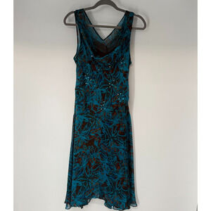 Amanda Lane Midi Dress Size 12 Teal Brown Floral Sequin Cowl Neck Two-Piece Y2k